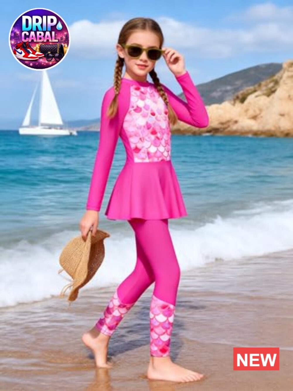 Girls Long Sleeve Rash Guard 4 Piece Swimsuit Set UPF 50 Sun Protection Swimwear - Picture 2 of 6